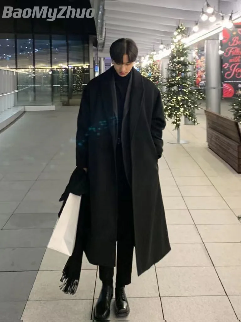 2023 Autumn Winter Extra Long Wool Trench Coat Brand Men Cashmere Loose Casual Single-Breasted Overcoat Male Fashion Black Coats