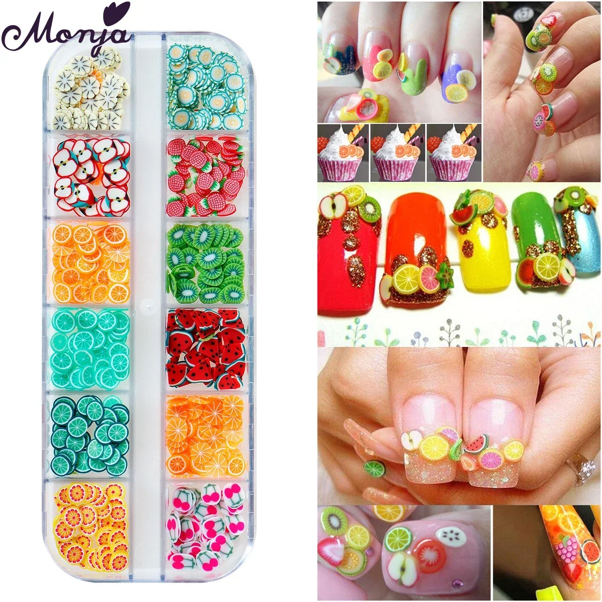 

Monja 2 коробки украшения для ногтей 3D прекрасные фрукты полимерные ломтики Шарм Стиль красочный дизайн чешуйки салон аксессуары для самостоятельного маникюра