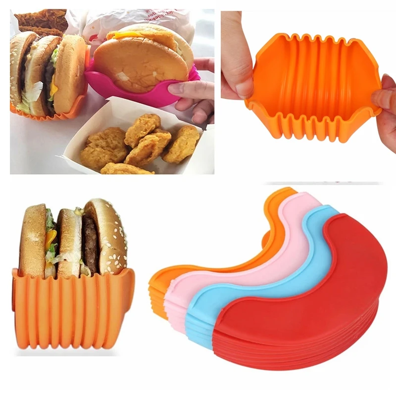 

Silicone Burger Holder for Kids Reusable Sandwiches Holder Box Anti-dirty Hands Hamburger Bun Shell Packing Kitchen Tool