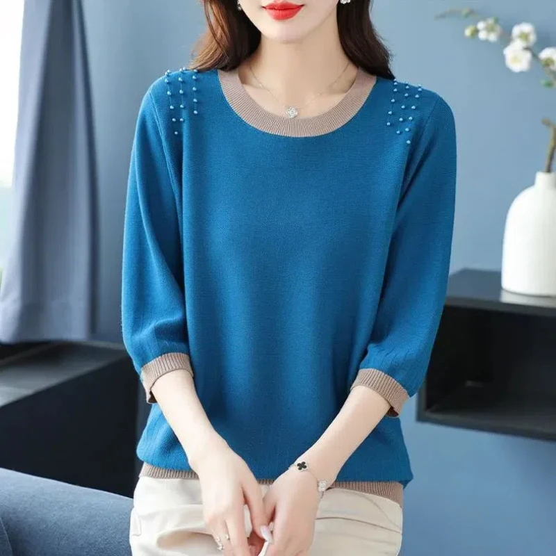 Простые офисные женские весенние пуловеры с круглым вырезом контрастной