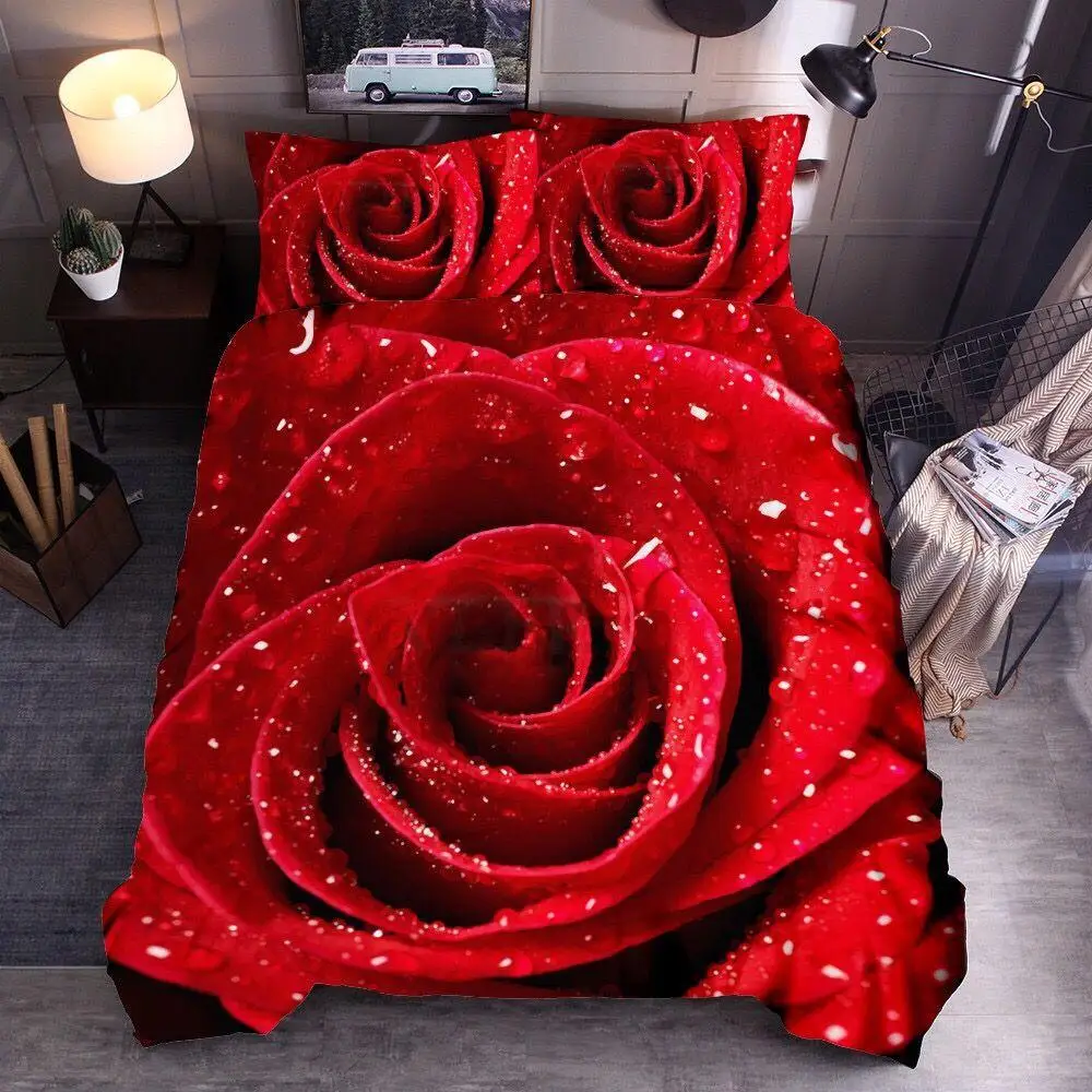 

Flower Duvet Cover Set King Microfiber Red Rose Blossom Flower Bedding Set Red Botanical Comforter Cover Romantic Quilt Cover