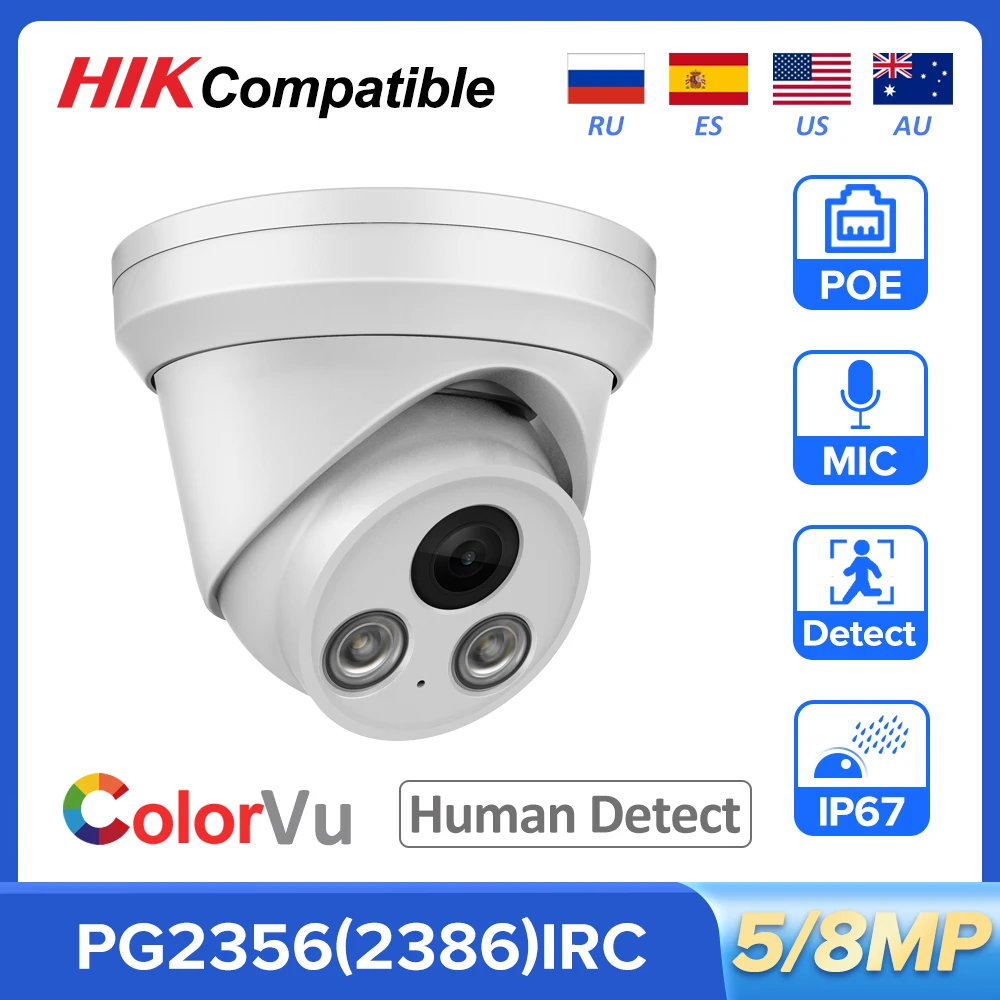 

Совместимая IP-камера Hikvision, 5 МП, 8 Мп, двойная подсветка, цветная купольная сетевая камера, одностороннее аудио, обнаружение людей, камера вид...
