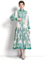 merchall women bohemain green long dress spring summer runway stand collar lantern sleeve floral print maxi vestido robe m6922