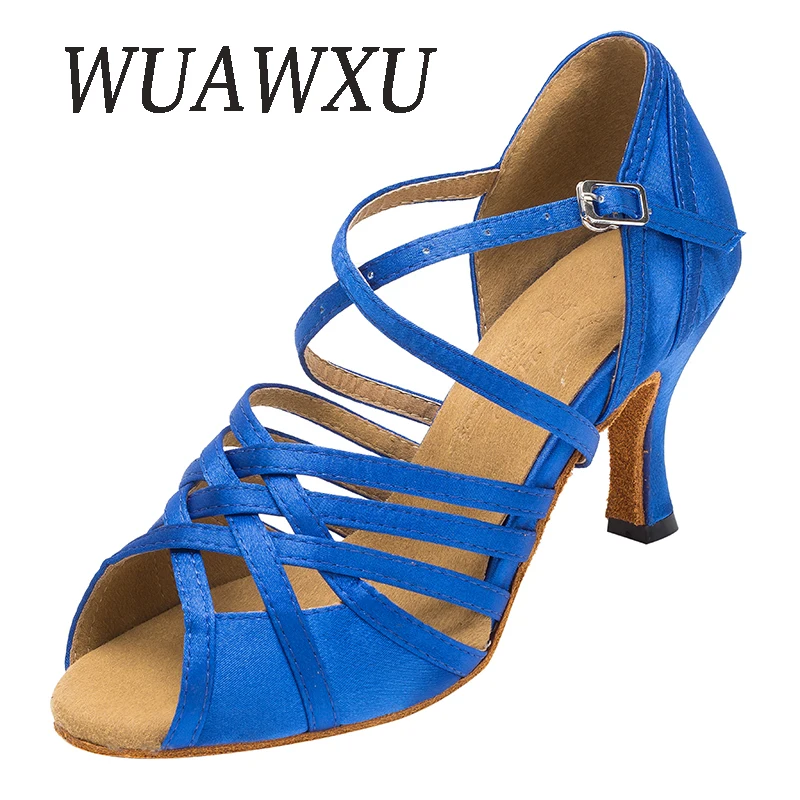 NATASHA2023 Latin Dance Shoes Women's Satin Wine Red 8.5cm Thin Heel Blue 7.5cm Cuban Heel Soft Sole