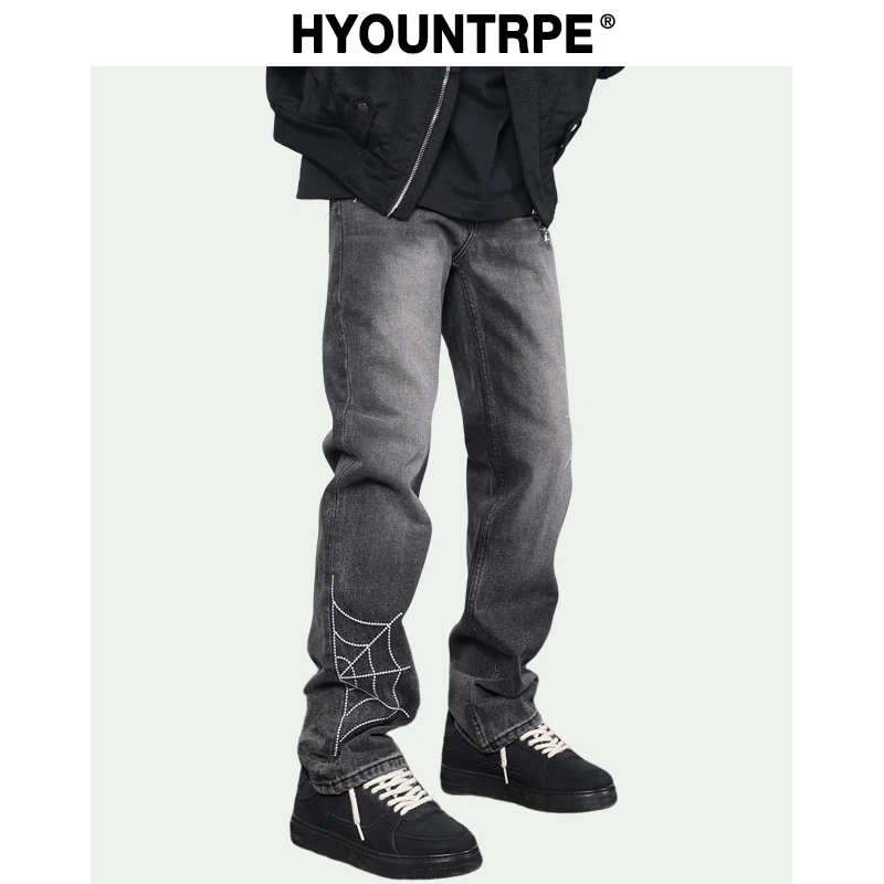 Mens Hip Hop Streetwear Denim Pants Cobweb Embroidery Denim Pants 2023 Harajuku Zipper Cotton Joggers Jeans Trousers Harem Pants