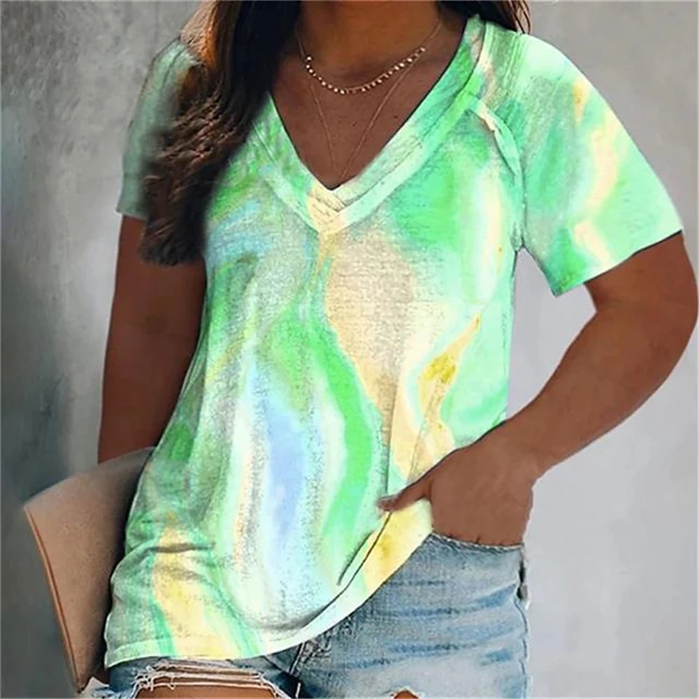 

Ladies T Shirt Short Sleeve Clothes Oversized Summer Slightly Fat T Shirts V-neck Casual Harajuku Gradient Fashion Graphics Tops