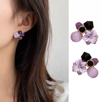 noble purple crystal flower stud earrings for woman 2022 korean fashion jewelry wedding party girls elegance set accessories