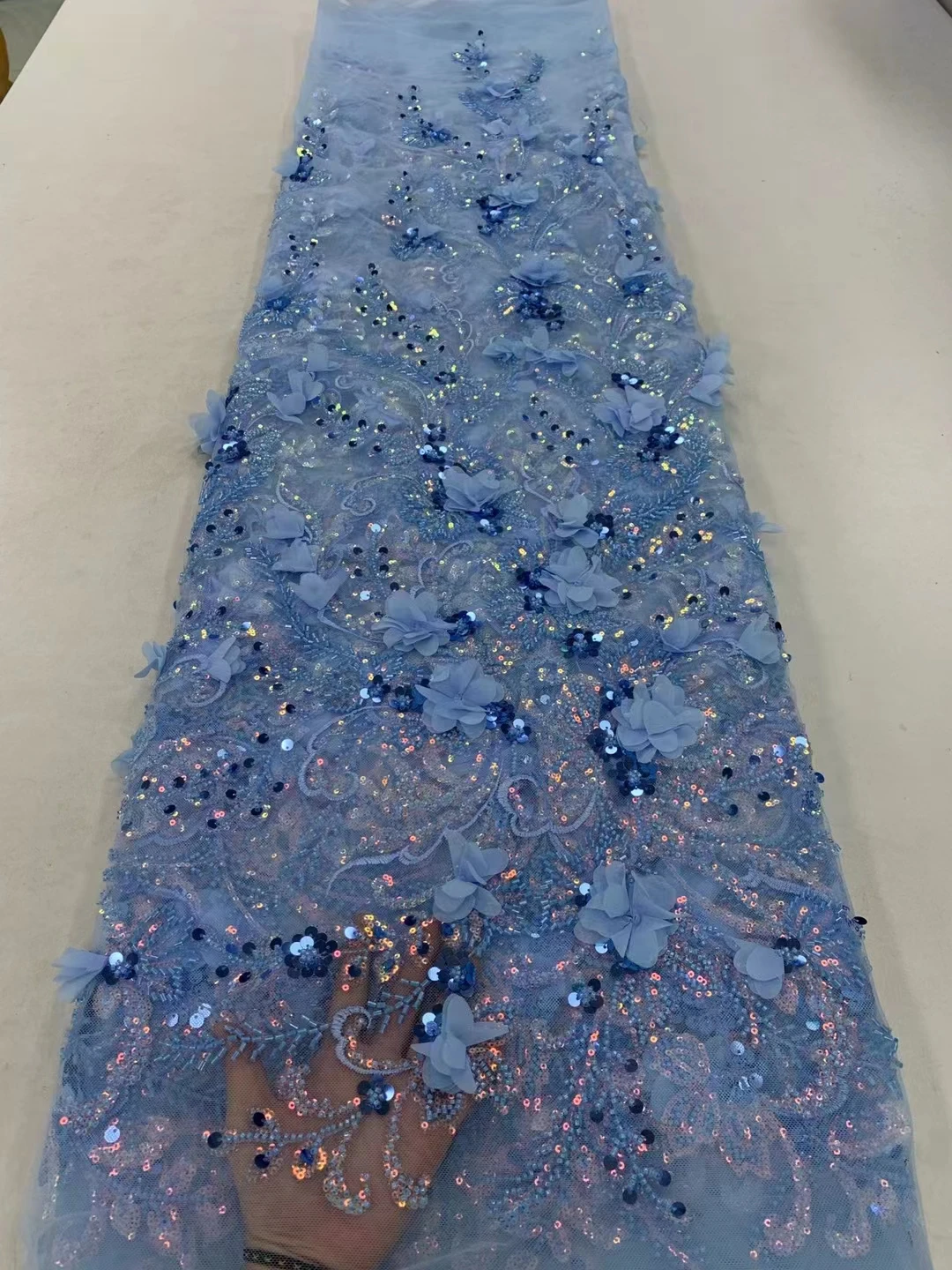 Роскошная ярко-синяя французская блестящая 3d Цветочная кружевная ткань для