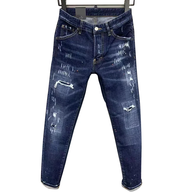 Starbags DSQ fashion Trendy men's wash, worn holes, patches, paint, ink, trim, small feet, blue jeans