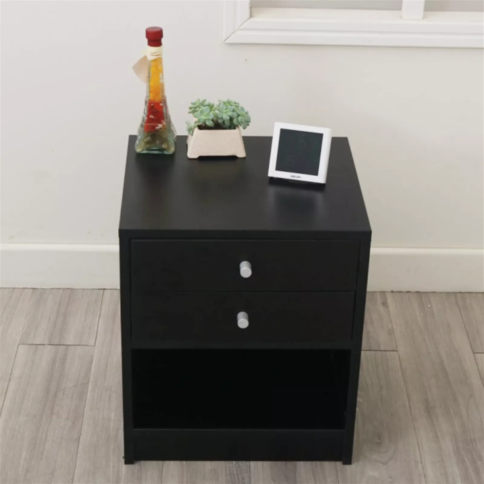 

40 x 36 x 47cm Round Handle Night Stand with Two Drawer Black Night Table Bedside Table Nightstand