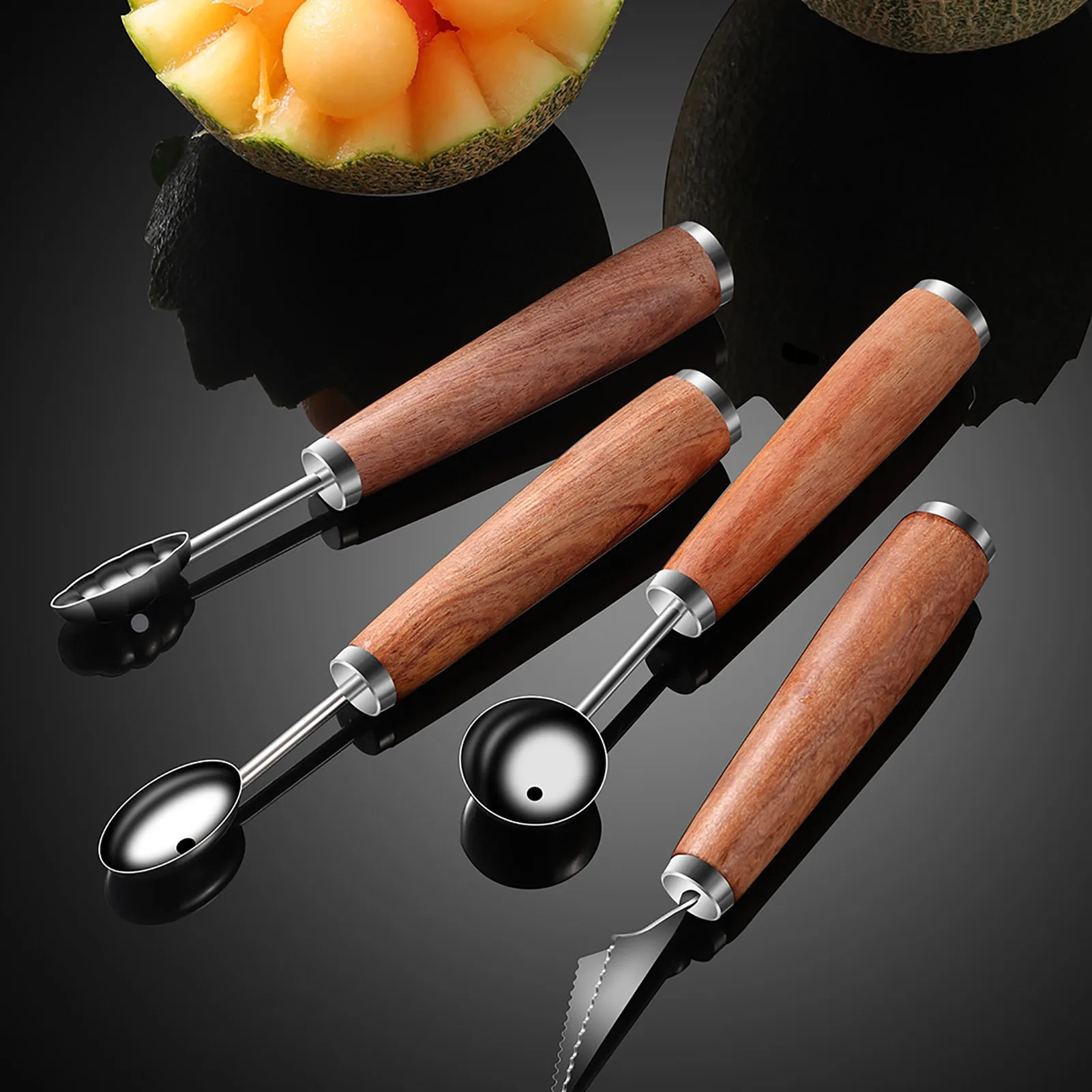 

4 Types Wooden Handle Melon Baller Stainless Steel Fruit Watermelon Carving Knife Watermelon Digging Ball Spoon Kitchen Gadgets
