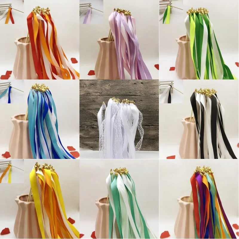 

50/20pcs White Lace Ribbon Colorful Stain Ribbon Wedding Stick Mixed Color Wedding Wands with Gold Bells for Wedding Decoration