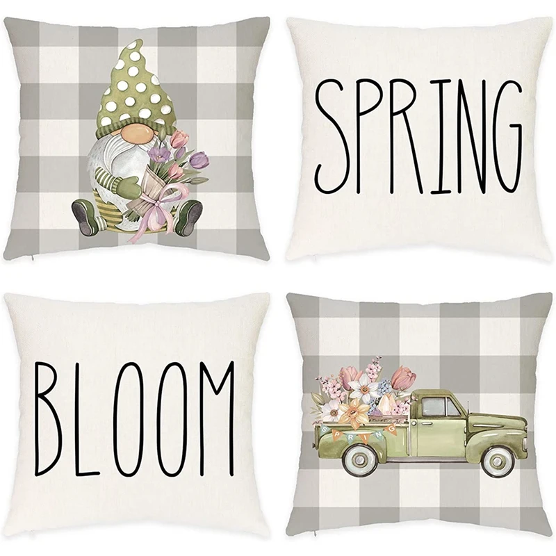 

Spring Pillow Covers 18X18 Set Of 4,Buffalo Plaid Spring Decorations Throw Pillow Cushion Case For Farmhouse Decor