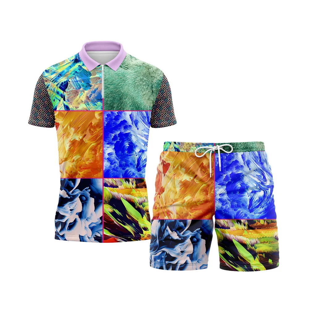 Polo T Shirt Full Sets For Men Oversized Loose Zipper Summer Funny Clothing Print Tracksuit  European Style Pllus Size Fashion