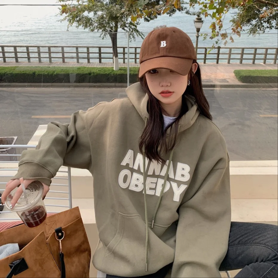 

2022 New Autumn Winter Loose Letter Drawstring Plush Hoodie Free Shipping