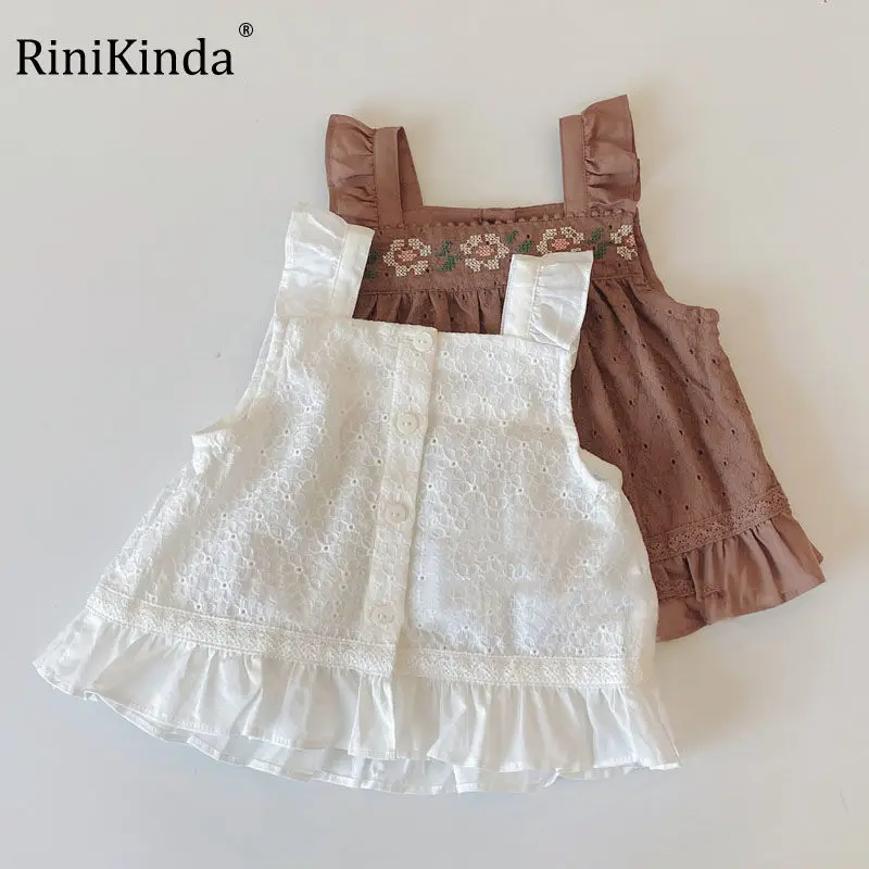 

RiniKinda Baby Girls Sleeveless Shirt Princess Embroidery Shirt For Tddler Girl Sweet Pullover Casual Shirt Children Tops
