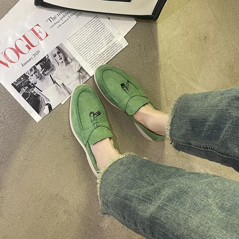 Classic Summer Green Women's Loafers Shoes Elegant Slip-on Low Flats Women Casual Shoes Comfortable Suede Ladies Shoes Mocasines