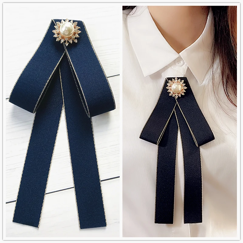 

Women's Bow Tie Brooch Korean Retro College Style Ribbon Crystal Bowtie Pins Girls Suits Uniform White Shirts Collars Flower