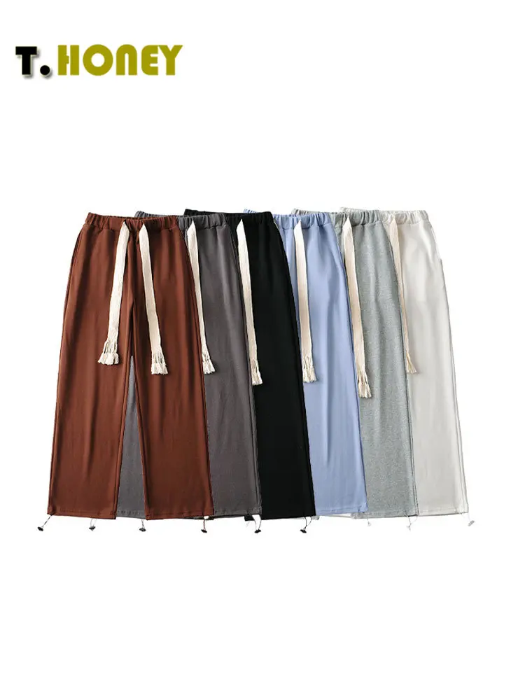 

TELLHONEY Women Fashion Elastic Waist With Pockets Straight Jogging Pants Female Casual Solid Drawstring Low Waist Chic Trousers