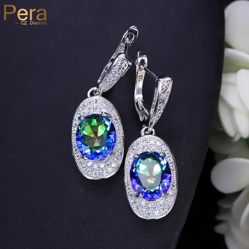 

Pera High Quality AAA+ Round Mystic Light Blue CZ Crystal Stone Pave Long Hoop Earrings for Women Party Jewelry Accessories E377