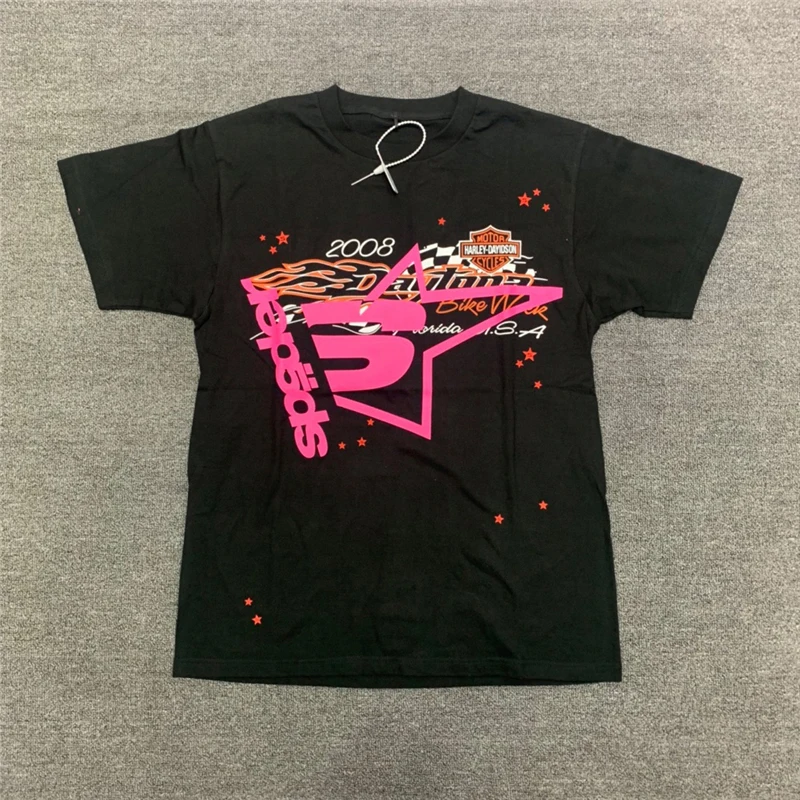 

Pink Young Thug Sp5der 555555 Short Sleeve Men Women 1:1 Foaming Printing Spider Web Pattern Oversized T Shirt