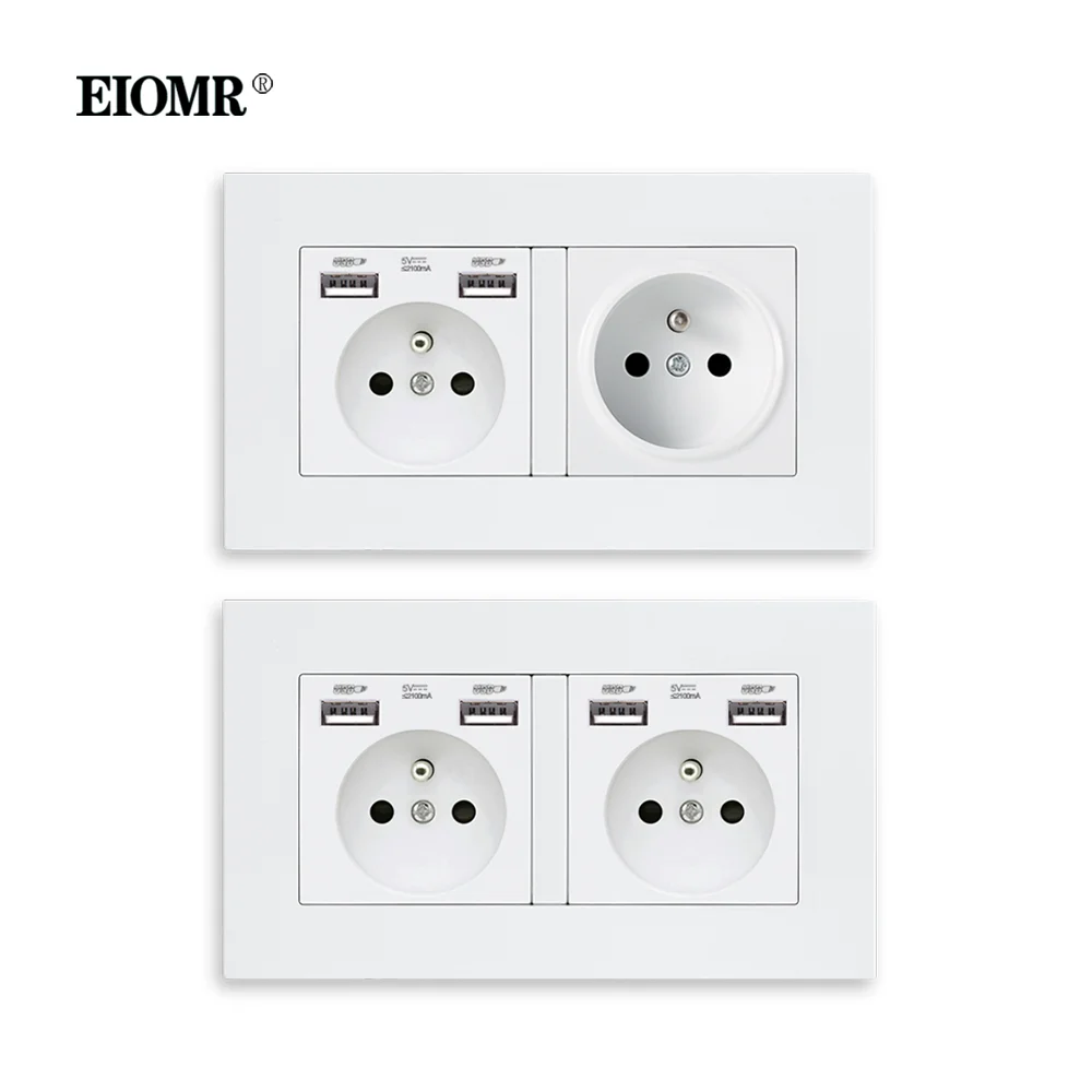 

EIOMR French Standard USB Socket 16A Double Outlet Flame Retardant PC Panel AC 110~250V 146mm*86mm Wall USB Electrical Sockets