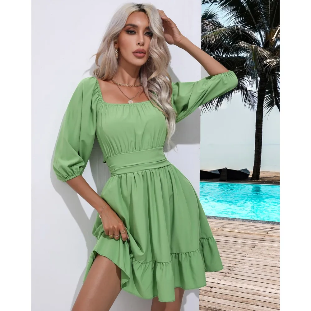 

Платье женское летнее с квадратным вырезом, пикантное однотонное модное мини-платье-трапеция с оборками, с открытой спиной и шнуровкой