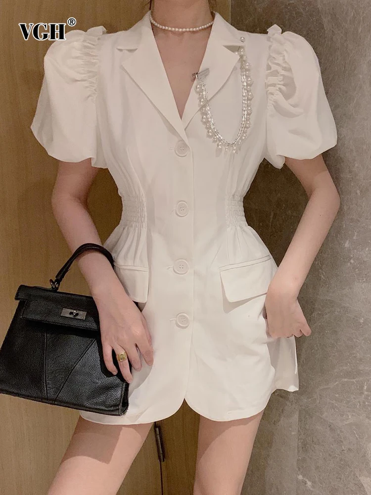 

VGH High Street White Blazer Dress For Women V Neck Short Puff Sleeve Single Breasted Patchwork Chain Mini Dresses Female Style
