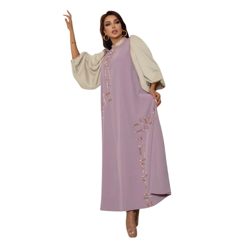 Lantern sleeve patchwork color diamond inlaid fashion dress Dubai gown women's dress