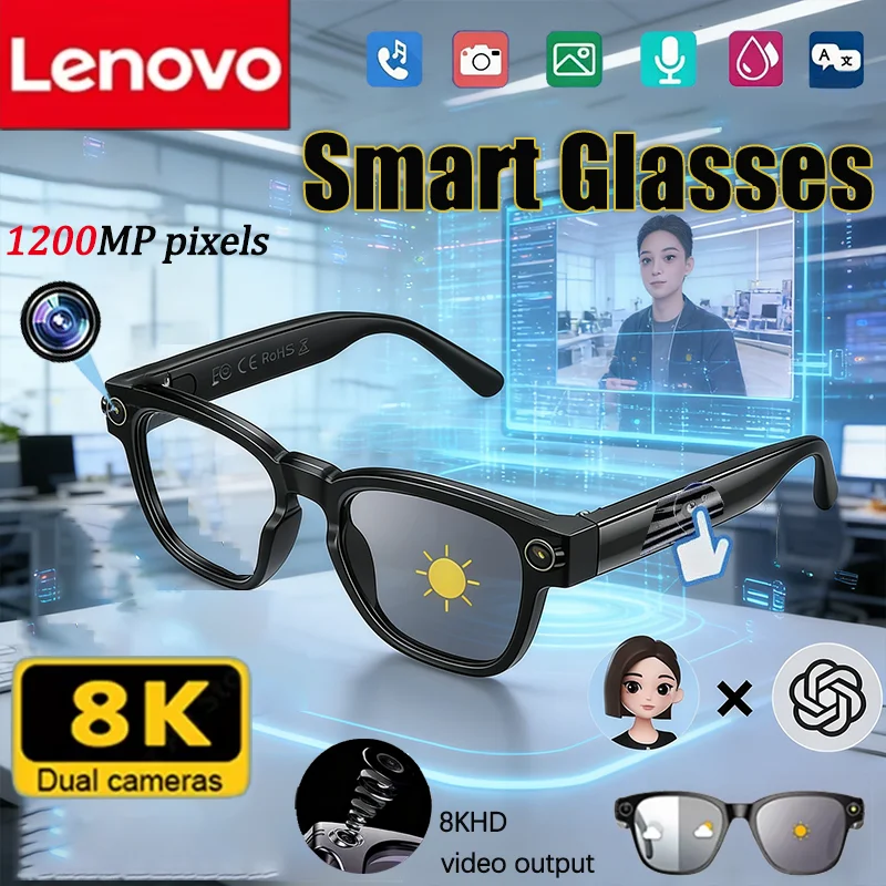 Фото Умные очки Lenovo 8K AI с HD-камерой 1200 Мп, поддержкой Chat GPT, сенсорным управлением, спортивные, с функцией музыкального плеера, голосовым помощником и Bluetooth-звонками №1