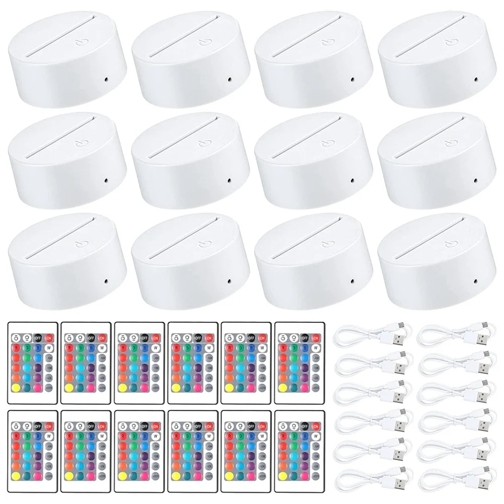 

12 Pack 3D Night LED Light Lamp Base + Remote Control + USB Cable, 16 Colors Light Show Display Stand for Acrylic White