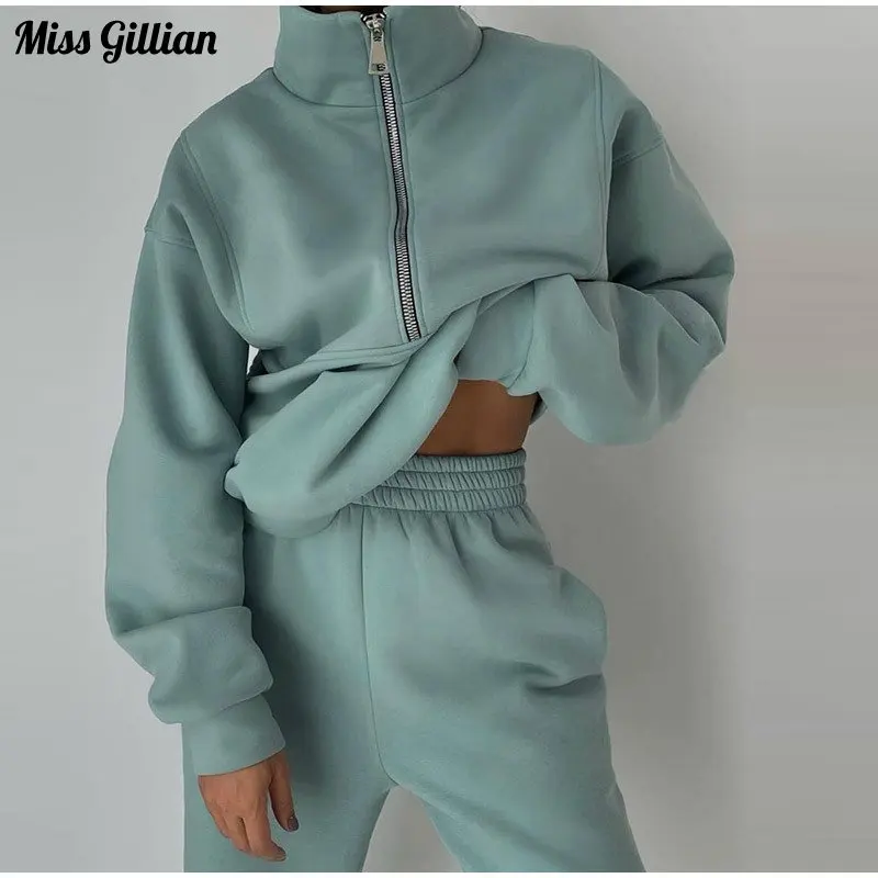 

Женский хлопковый костюм из свитшота, пуловер на молнии, комплект из двух предметов, Свободный свитшот с воротником-стойкой и длинные брюки, женский спортивный костюм оверсайз