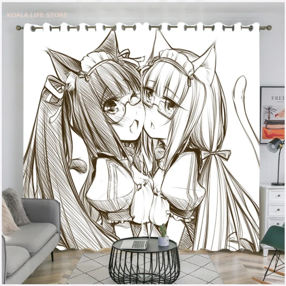 

Cat Girl Cartoon Blackout Curtains Chocolate And Vanilla Cortinas 3D Print Folio/One Piece Kitchen Curtain For Living Room