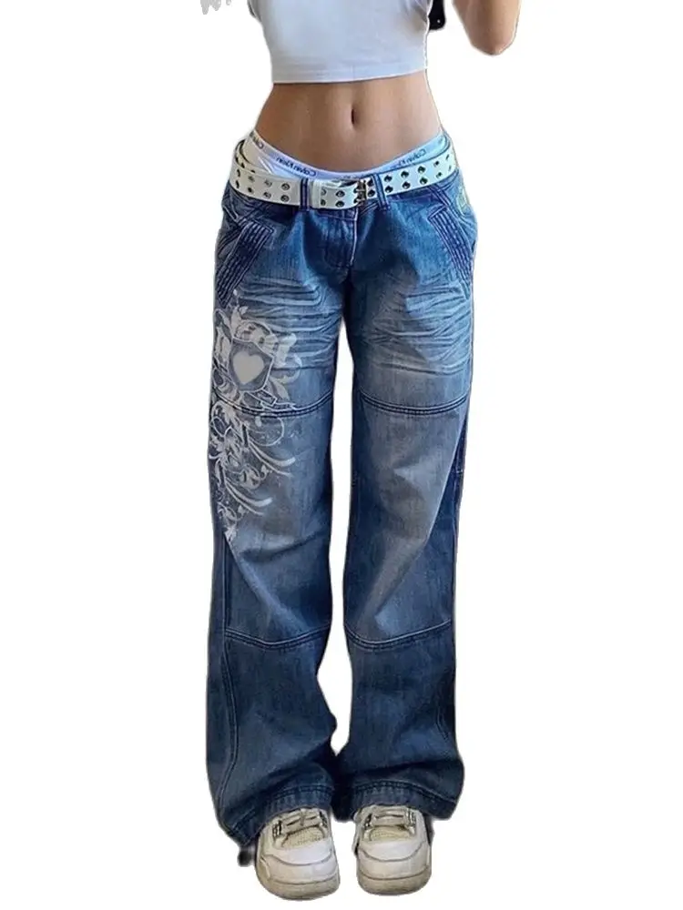 

Y2k синие джинсы с принтом Kawaii, мешковатые прямые брюки, Ретро стиль, уличная одежда, карманы на молнии, джинсовые Джоггеры для женщин, горячая...