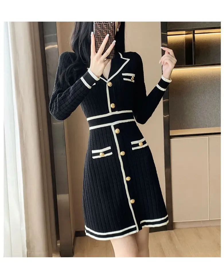 Вязаное платье Mingyuan Xiaoxiangfeng с поясом коллекция 2024 осень/зима новая женская