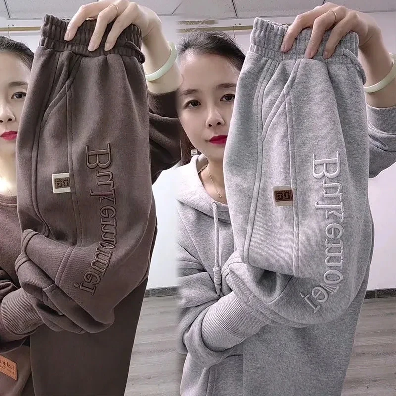 

Autumn Winter Trousers Sports High Waist Velvet Embroidery Letter Women's Jogger Grey Leggings Loose Harem Pants