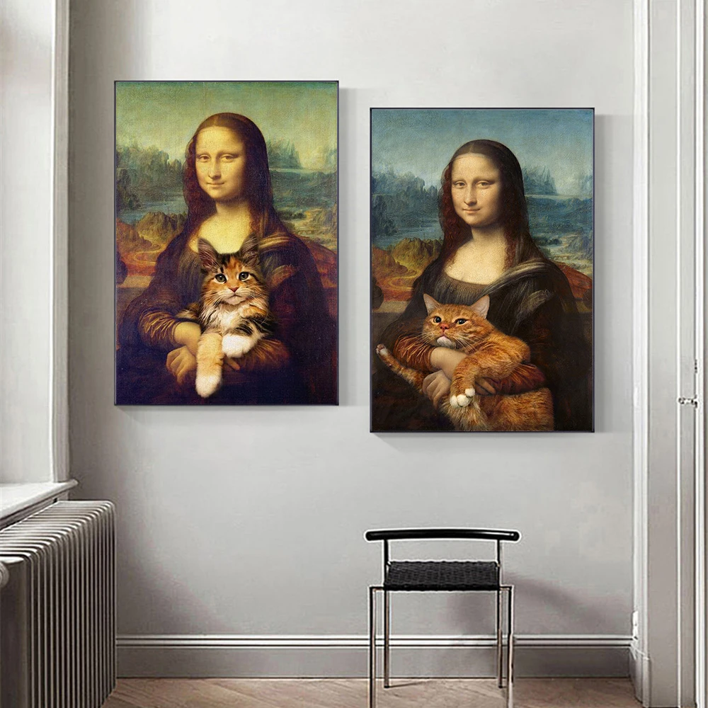 

Funny Mona Lisa Holding A Cat Canvas Poster Prints Famous Painting Vintage Wall Art Picture For Living Room Home Decor Murals