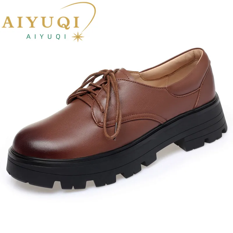 Купи Women Large Size Shoes Spring Genuine Leather Lace-up Fashion Women's Loafers British Style Round Toe Ladies Shoes за 2,912 рублей в магазине AliExpress