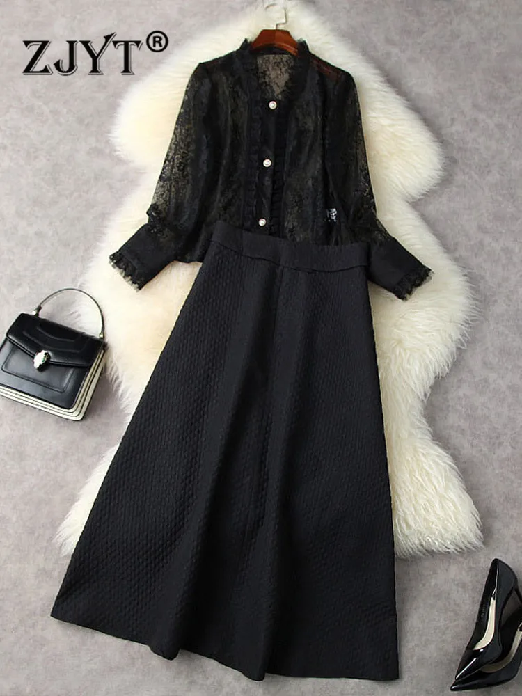 

Элегантный весенний прозрачный кружевной комплект из двух предметов, Женская длинная юбка и топ, сексуальный черный наряд вечерние, модные ...