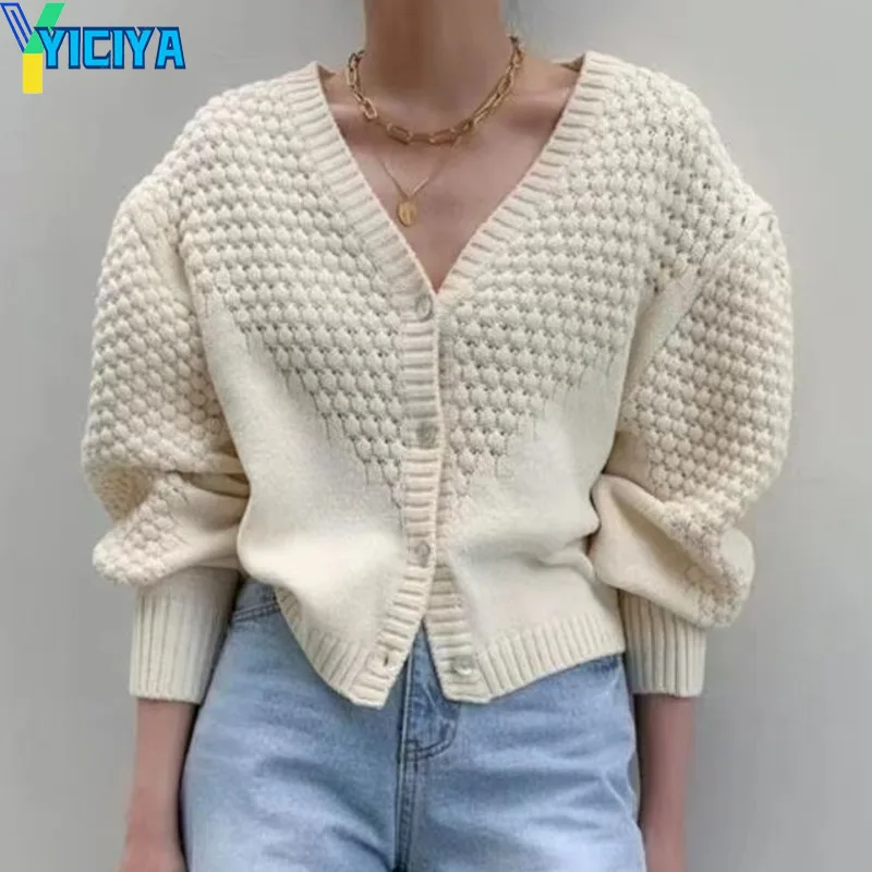 

YICIYA Women Cardigan Sweater Short Outerwear Vintage Casual Korean Fashion Winter Long Sleeve Knitwears Single Breasting Coats