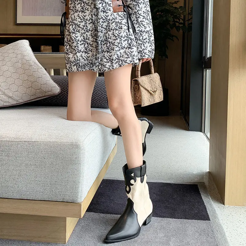 Retro Western Cowboy Boots Short Boots Women Mid-tube Thick Heel Pointed High-heeled Knight Boots Single Boots Fashion New