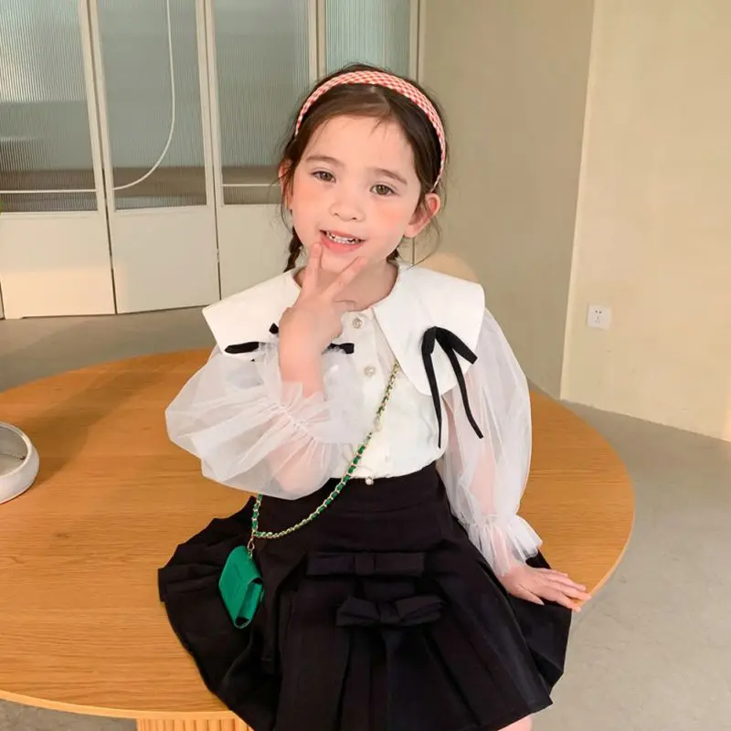 

Girls' College Style Doll Collar Shirt Bottoming Shirt Long-sleeved Casual Tops Children's Clothing Sweet Bow White Shirt