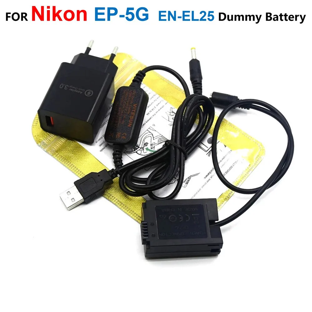 

EP-5G DC Coupler Adapter EN-EL25 Fake Battery+QC3.0 USB Charger+EH-5A USB Power Bank Cable For Nikon Z50 ZFC Cameras