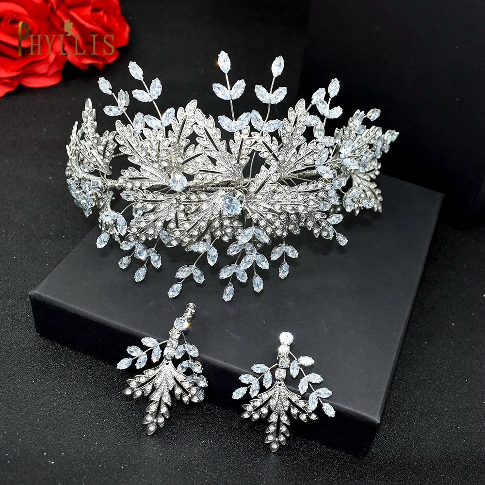 

A359 Crystal Bridal Jewelry Sets Cubic Zircon Wedding Crowns and Tiaras African Beads Jewelry Set Luxury Leaves Bridal Headwear