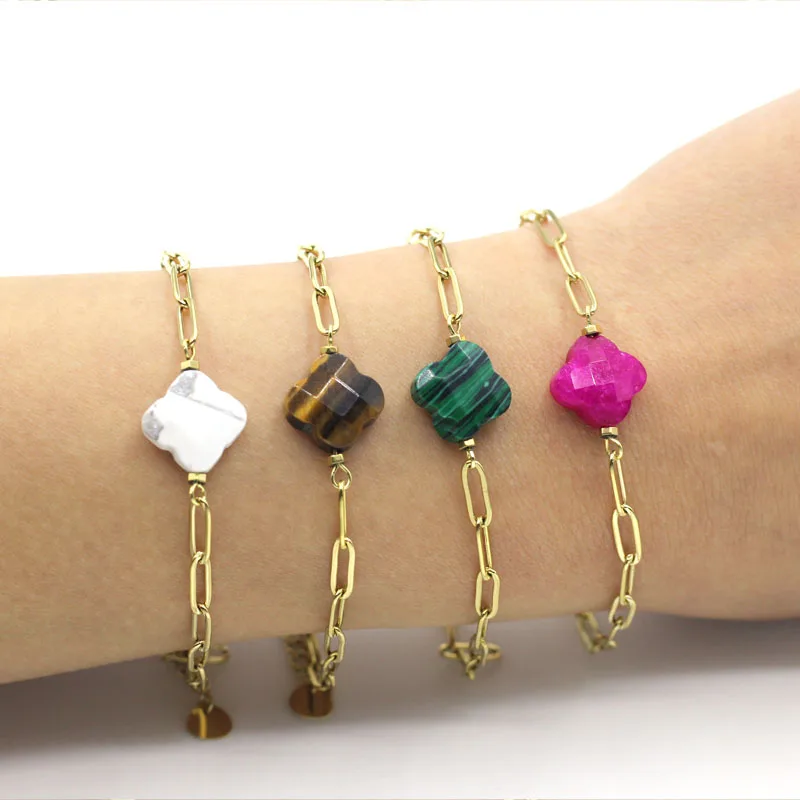 

2023 News Luxury Stone Flower Charm Bracelet For Women Gift High Quality Gold Color Stainless Steel Clover Bracelet Jewelry