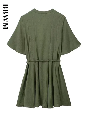 Woven Belt Dress Women V Neck Short Dress Woman Summer Short Sleeve Dresses Women 2023 Casual A Type Hem Chic Female Dresses