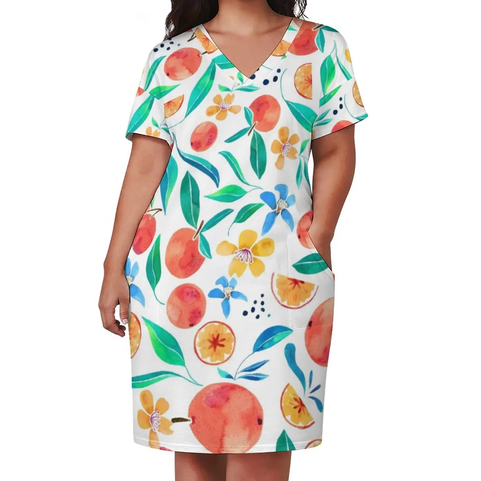 Watercolor Oranges Dress V Neck Leaves Flowers Print Elegant Dresses Aesthetic Pattern Casual Dress With Pockets Plus Size 5XL