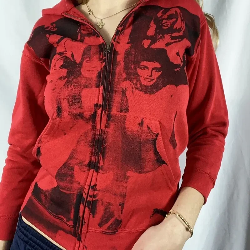

NEW 2023 Hoodies With Pockets 90s Vintage Graphic Y2K Aesthetic Coat Tops E-girl Sweatshirts Spring Autumn Printed Zipper Cardig