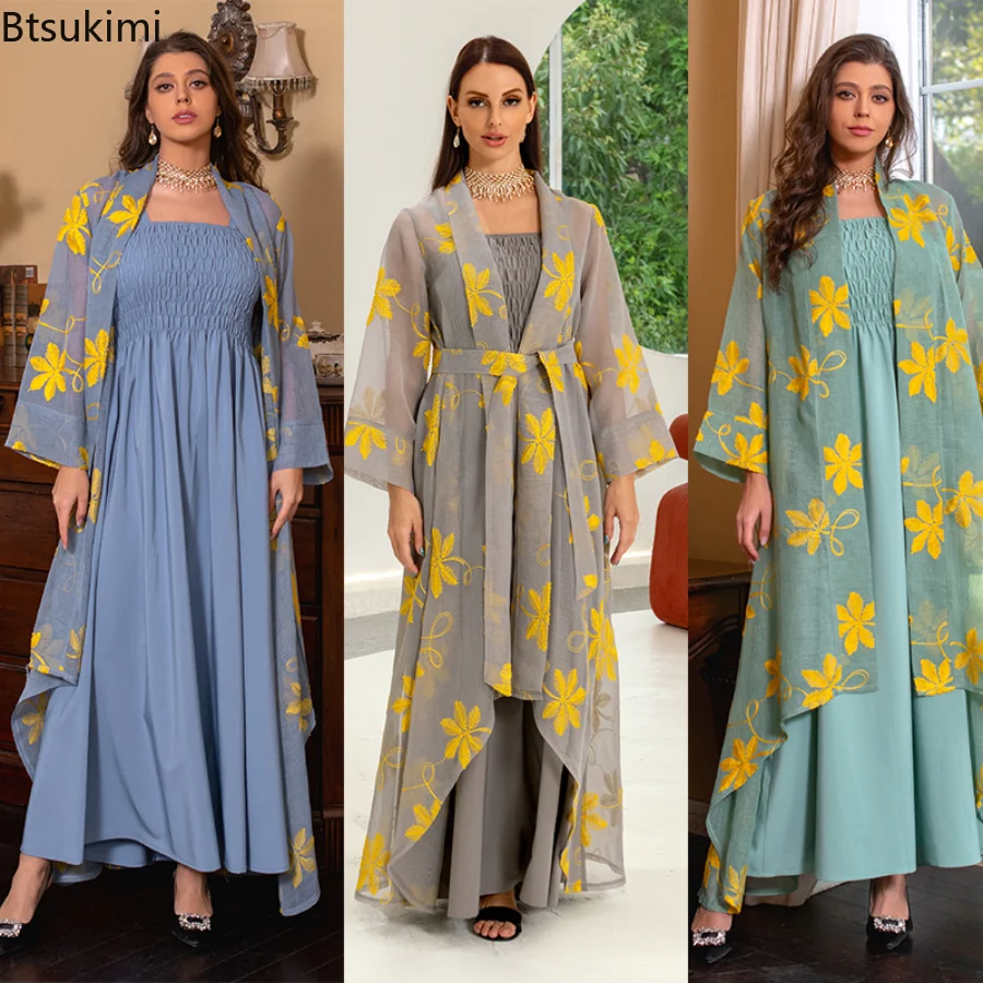 2023 Women Abaya Embroidery Chic and Elegant Woman Dress Mesh Cardigan Belted Kaftan and Solid Gray Camisole Dress Muslim Sets