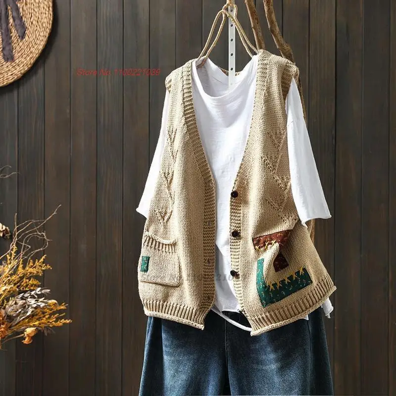 

2023 китайский винтажный Национальный вязаный жилет с V-образным вырезом, костюм Тан в стиле ретро, куртка без рукавов, жилет, свитшот, вязаный кардиган